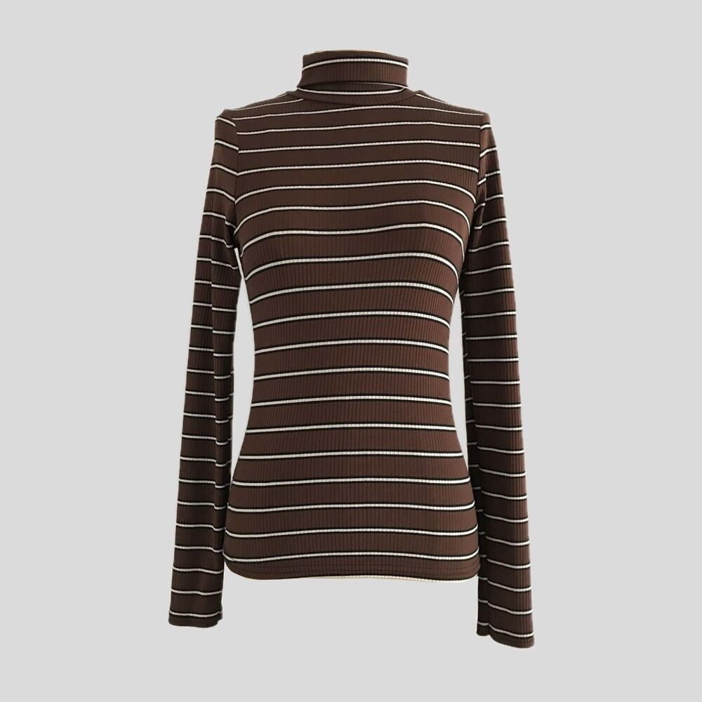 Nasty Gal Brown Striped Ribbed Knit Turtleneck Long Sleeve Top Womens XS/ S